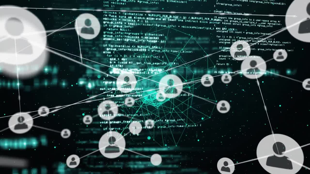 검은색 배경에 있는 정보와 연결된 사람 아이콘과 인터페이스의 애니메이션