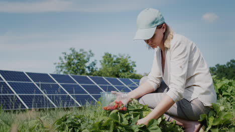 farmer picking strawberries, solar panels in the background