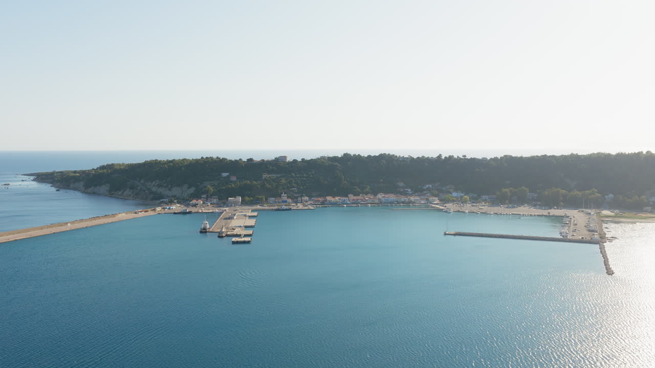Panoramic drone shot of Katakolo port in Elis, Greece during a clear sunny day