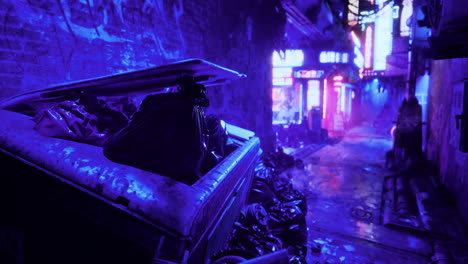 Urban nightlife spotlighting a neon alley filled with garbage and vivid colors