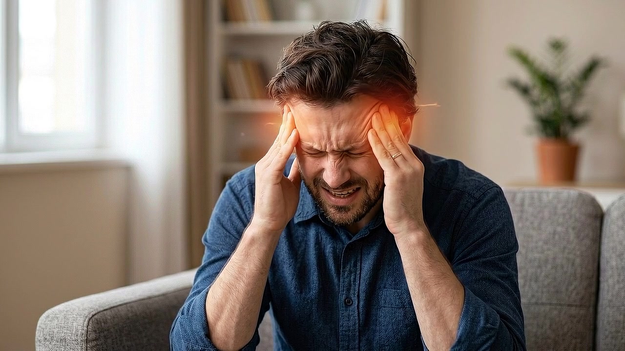 Homem pressionando as têmporas com desconforto visível de dor de cabeça, em ambiente interno, sob perspectiva médica