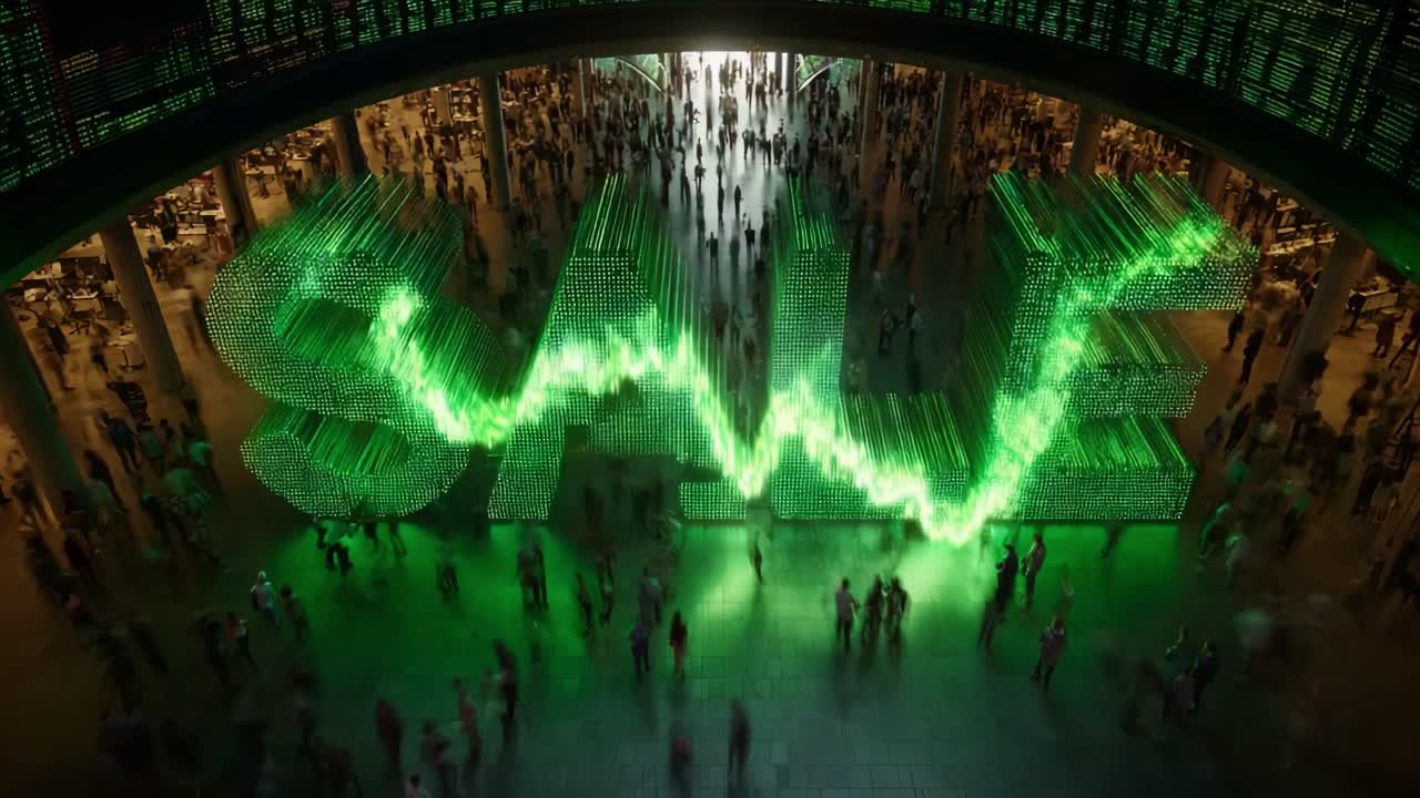 A Captivating Display of Growth and Commerce: The Massive 'SALE' Installation Vibrantly Illuminated in Green, Attracting Crowds and Evoking Enthusiasm for Shopping Events