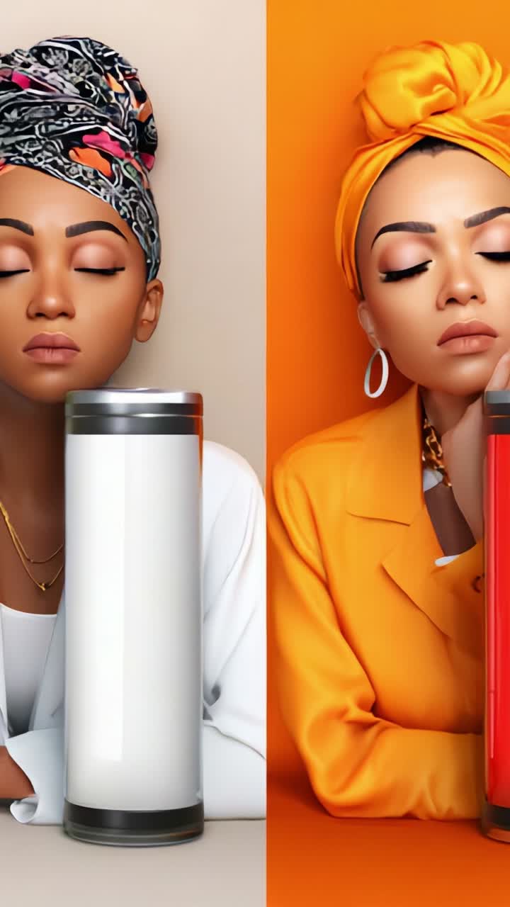 A stylish woman in contrasting outfits poses with a sleek cylindrical object, showcasing vibrant colors and modern aesthetics in the split-frame composition