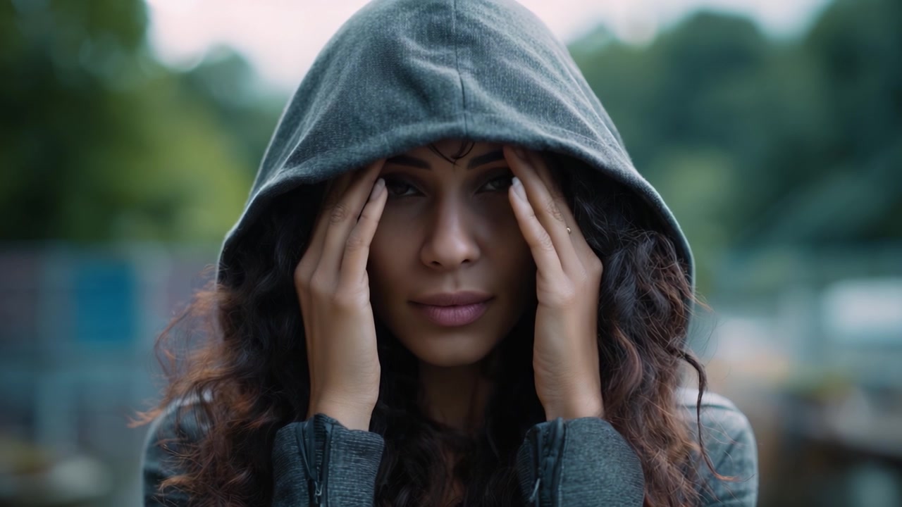 Un momento contemplativo catturato in fotogrammi, che mostra una donna con capelli ricci in felpa con cappuccio, che esprime tensione e profonda riflessione attraverso il suo gesto.