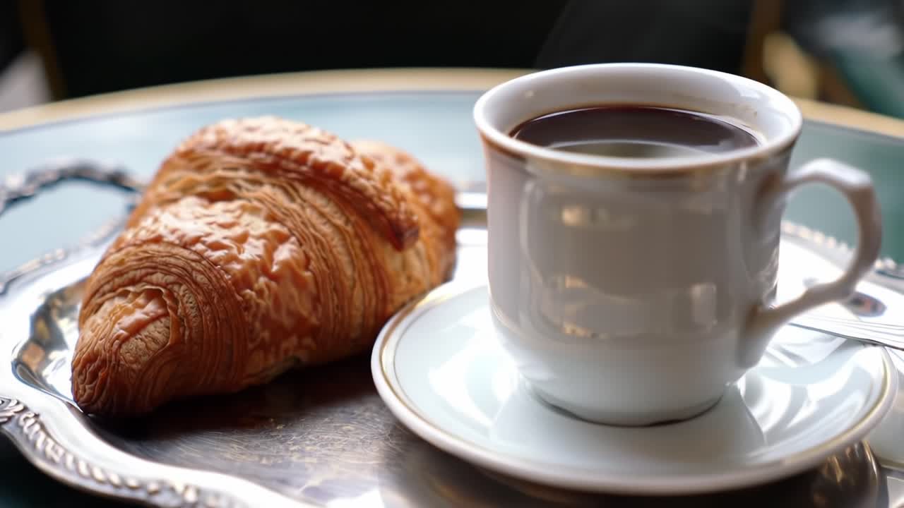 A Luxurious Morning Experience: Rich Coffee Paired with Flaky Croissant on Elegant Silver Tray for a Perfect Breakfast Treat