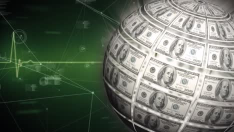 animation of american dollar banknotes globe spinning over network of connections