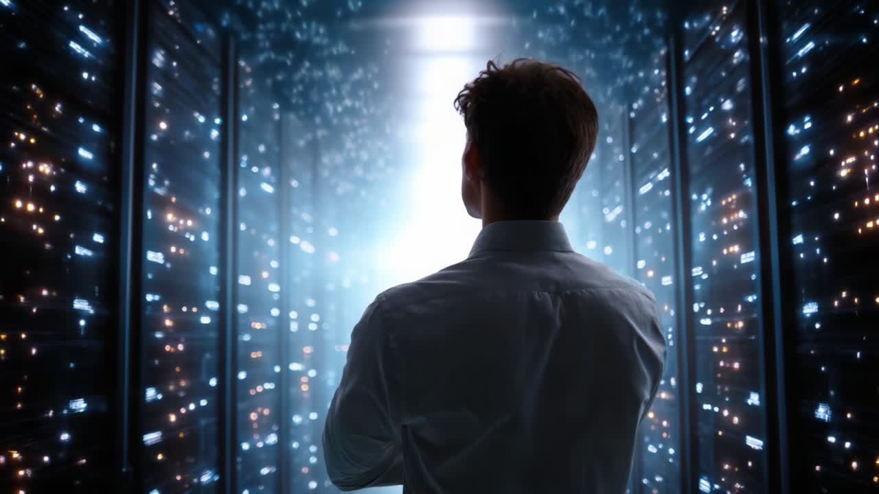 A thoughtful individual gazes into the illuminated expanse of a data center, contemplating the vast technology landscape and the potential within every server rack