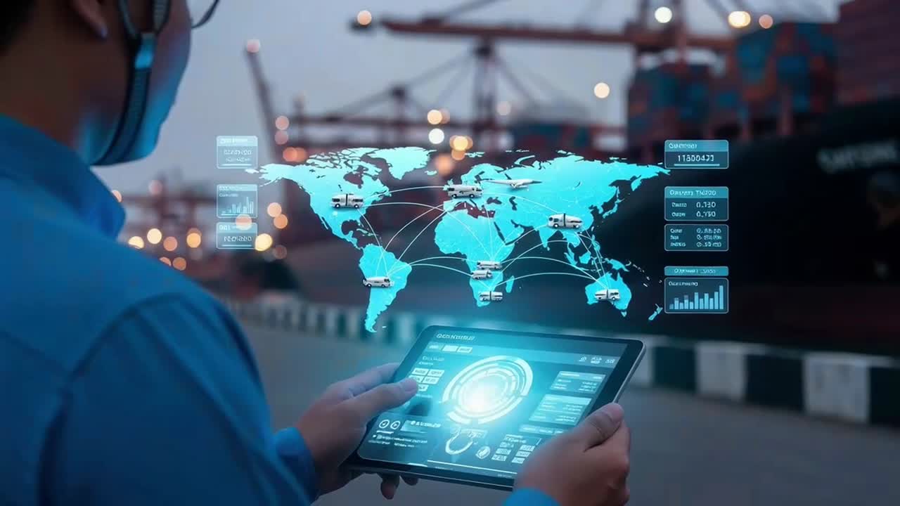 Logistics Manager Tracking Global Supply Chain on a Tablet at a Container Port