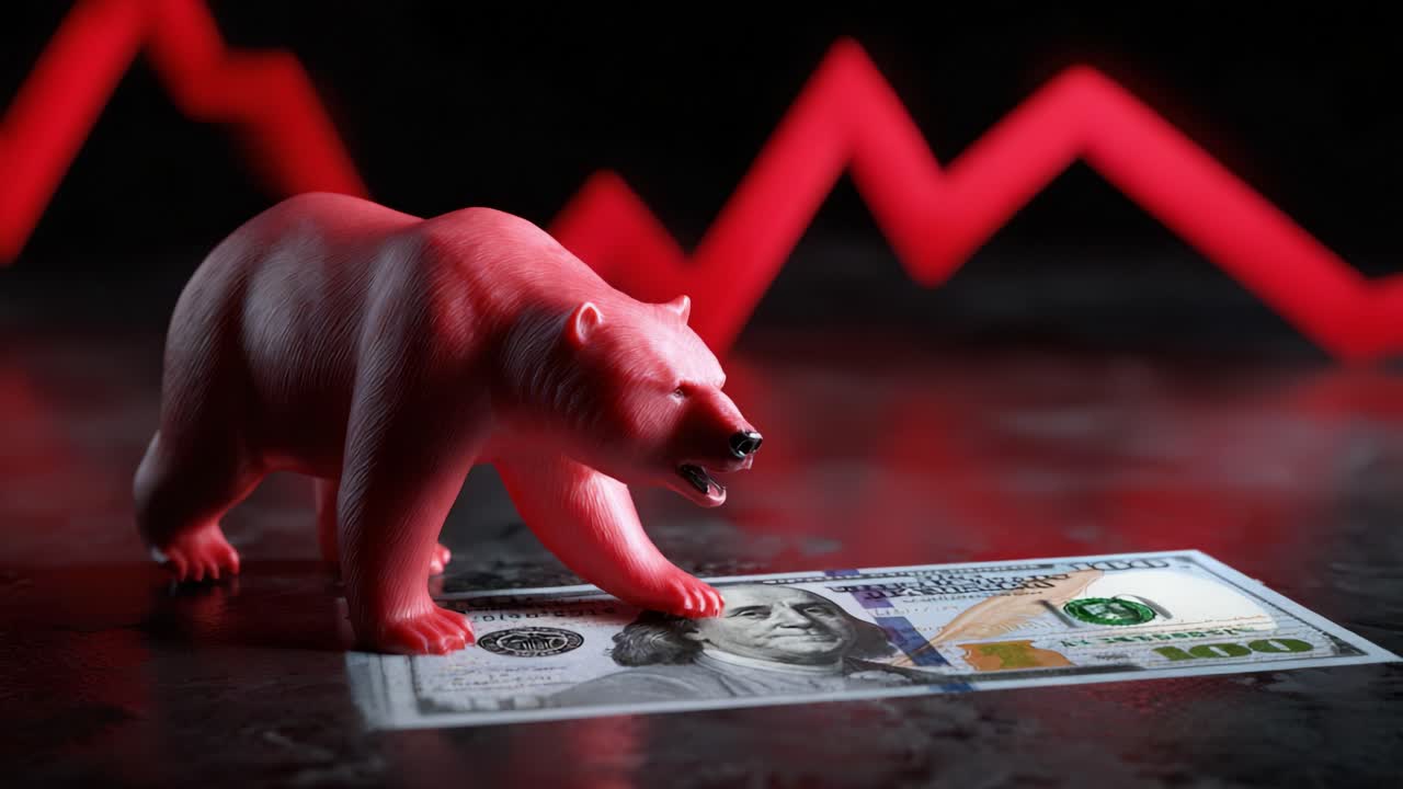 Symbolic Representation of Market Decline Featuring a Pink Bear Figurine on an American Dollar Bill with Descending Graph Line, Suggesting a Bear Market Environment and Financial Turmoil