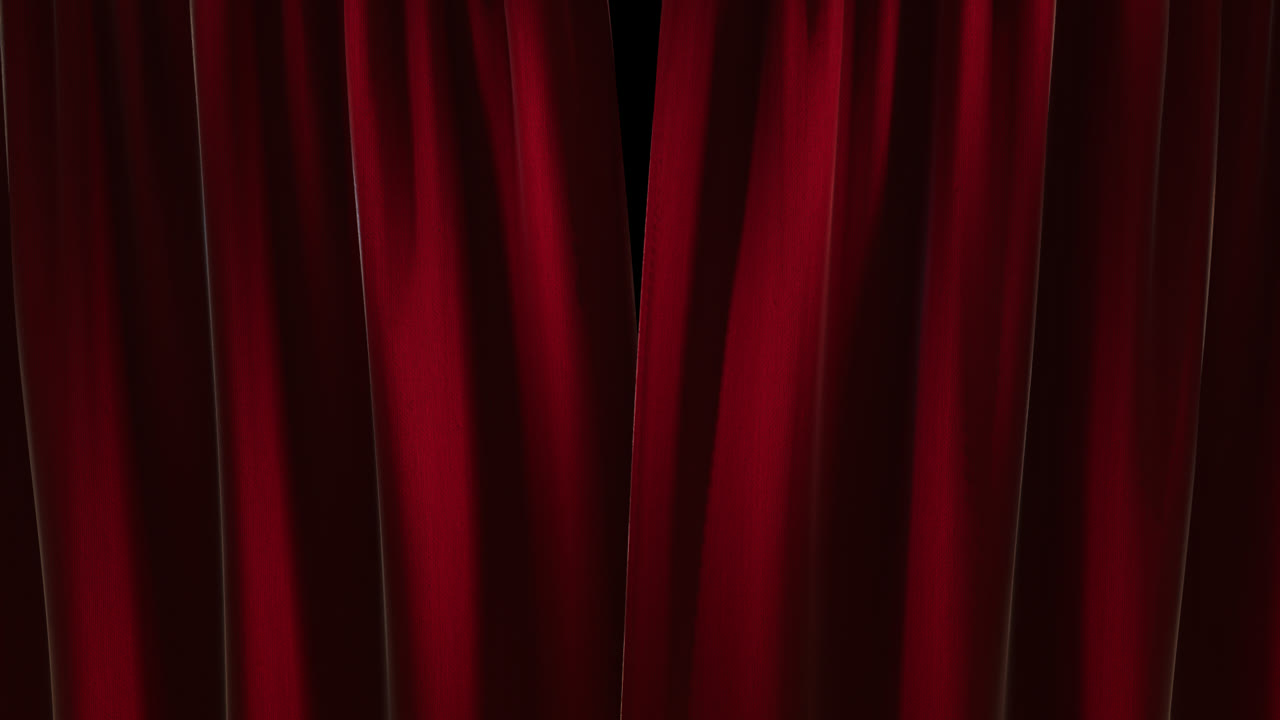 Apertura di tende rosse da teatro su uno sfondo nero