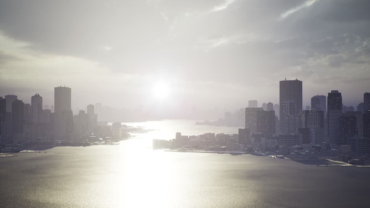 Urban skyline glimmers under the soft glow of a dusky sun by the water