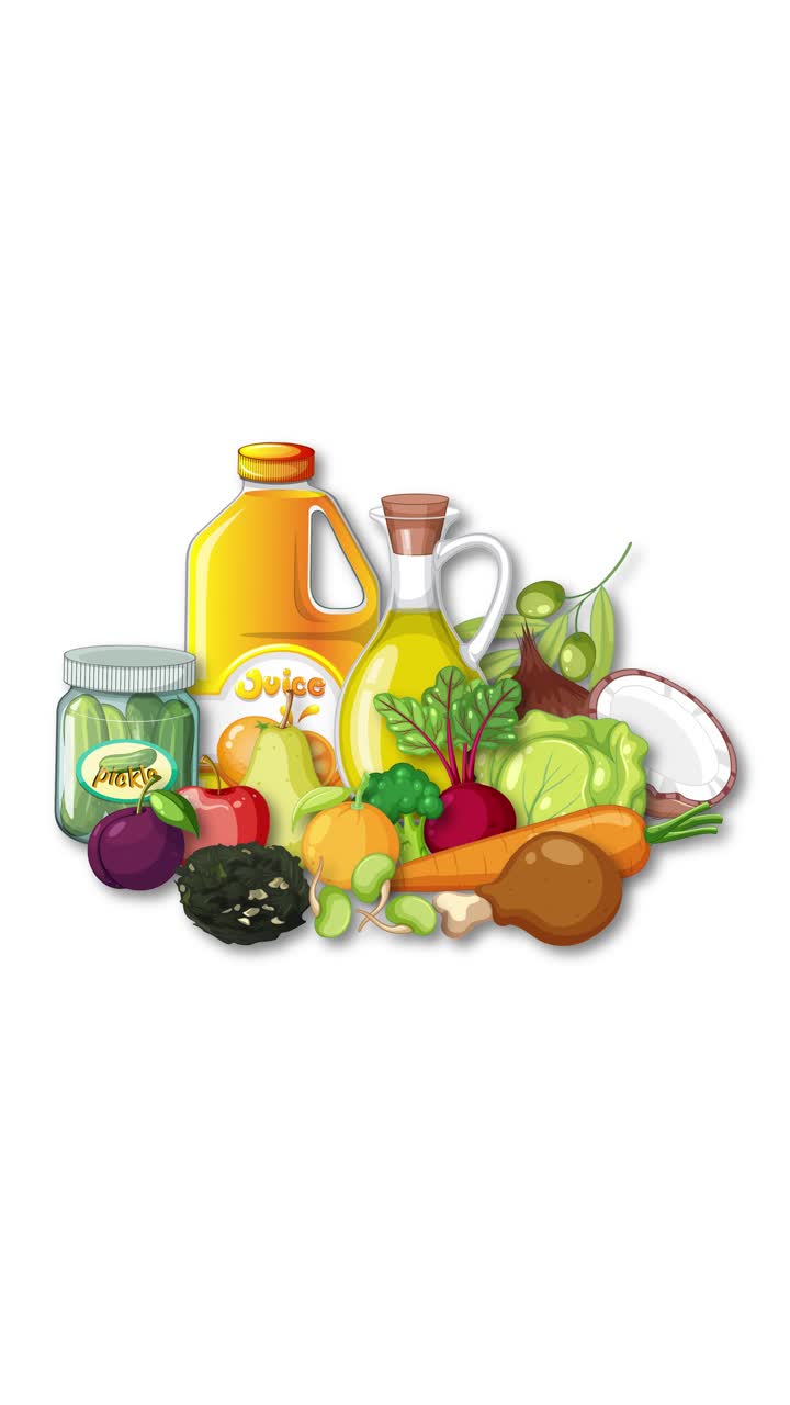 Vari frutti, verdure e succhi crudi si assemblano armoniosamente su sfondo bianco, formando una composizione colorata.