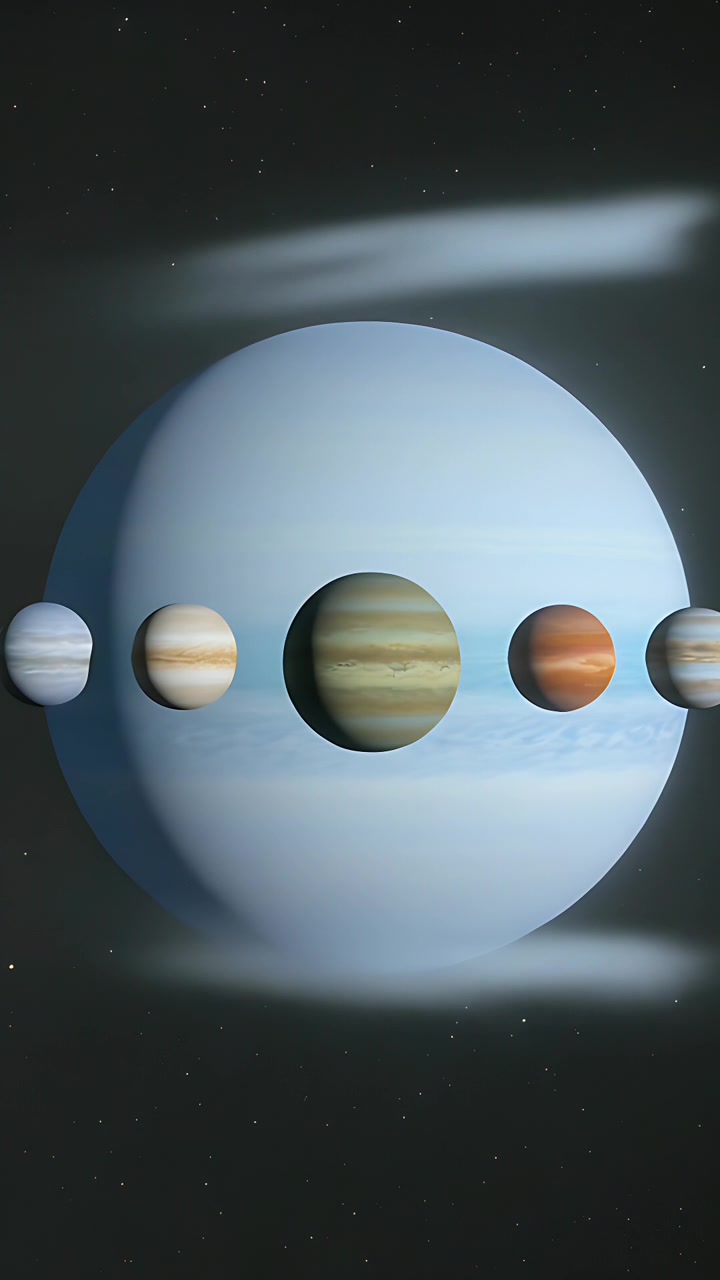 Vertical video: Showing pale-blue gas giant with six planets aligned across disk on play, stars