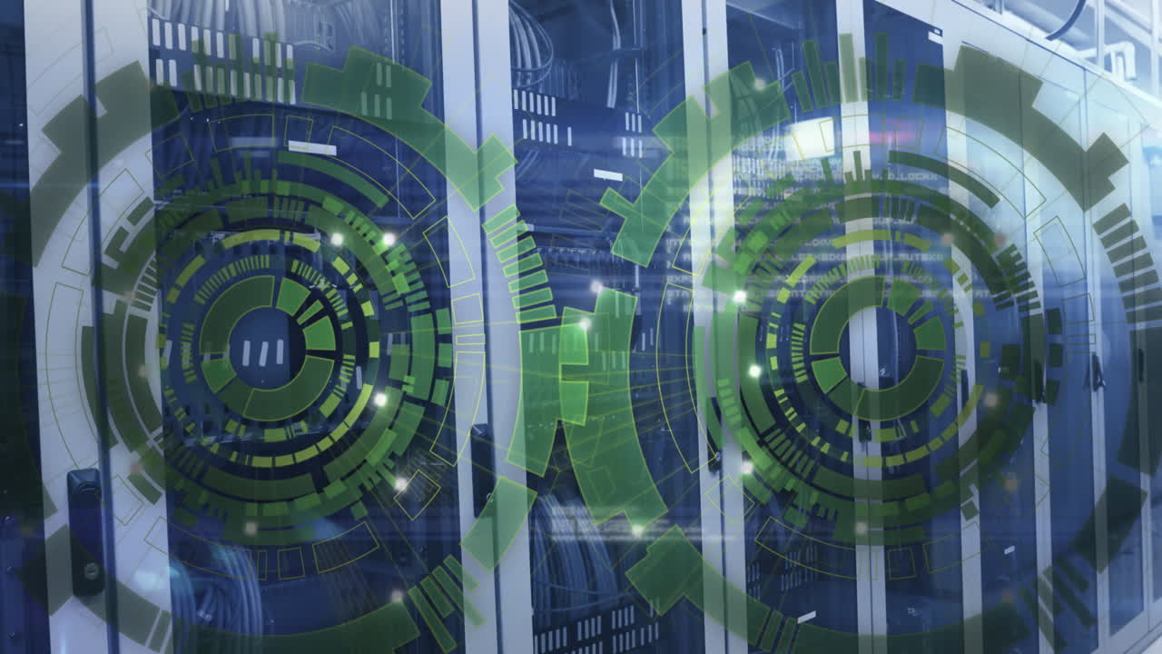 Animation of loading circles and computer language over data server racks in server room