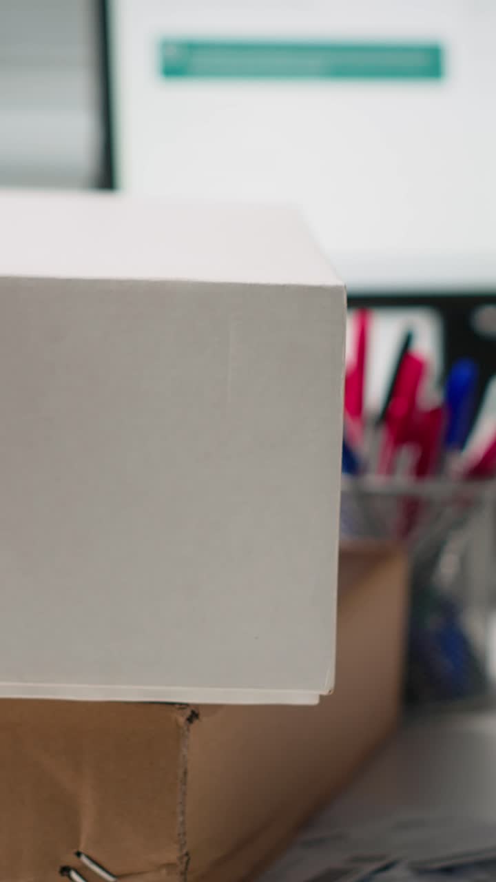 Vertical Video Black woman packing goods and applying shipping labels on boxes