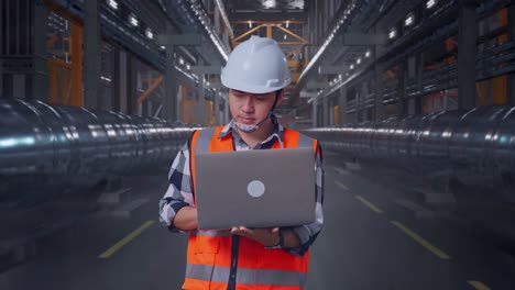 asian male engineer with safety helmet working on a laptop and looking around while standing with metal pipes