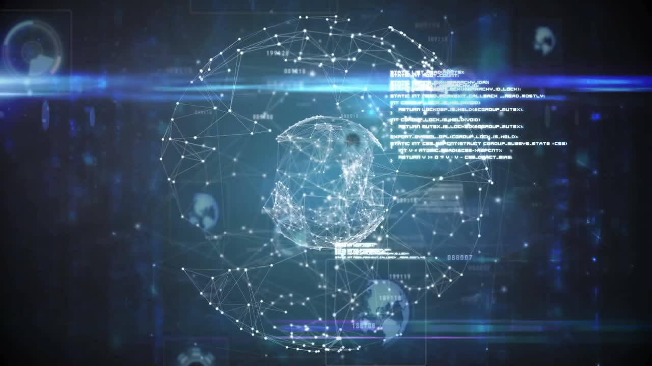 Digital globe showing network connections and processing data over blue background