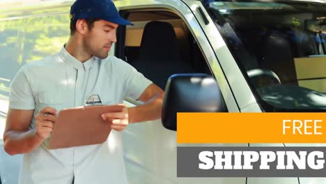 Animation-of-the-words-Free-Shipping-over-man-with-clipboard,-delivering-goods