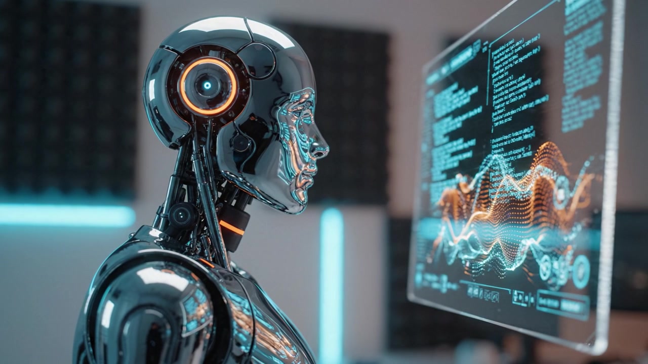 Futuristic humanoid robot engaging with a high-tech interface, showcasing advanced artificial intelligence and data visualization in a sleek modern environment.