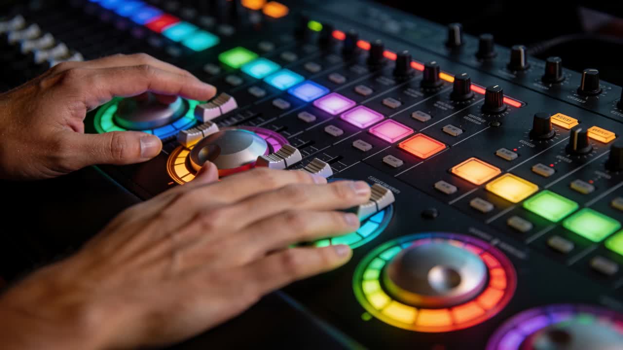 Vertical video: Starting idle, DJ hands rotating jog wheel, sliding fader, mixing audio at DJ booth