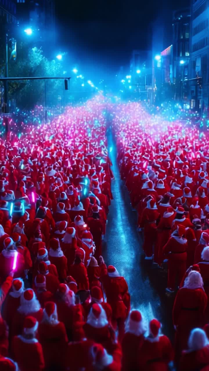 A Vibrant Celebration of Festivity: A Spectacular Gathering of Santa-Clad Participants Illuminating the Night with Colorful Lights and Joyous Spirit on a Dazzling City Street, Bringing the Magic of the Holiday Season to Life
