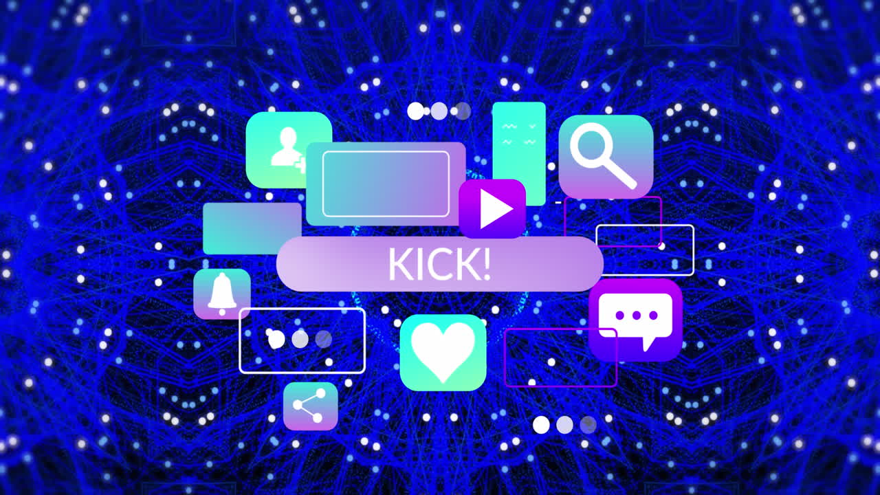 animación de texto de patada, iconos de aplicación sobre patrones de mandala y puntos contra fondo azul