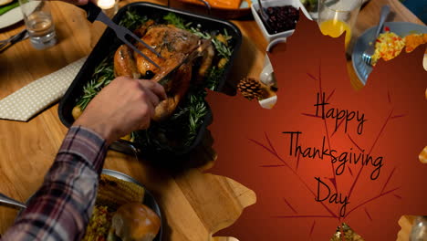 animation of happy thanksgiving day text on leaf over turkey and thanksgiving meal setting