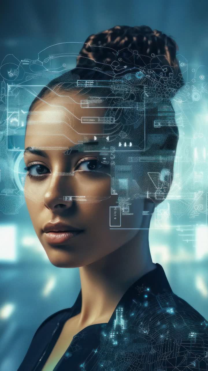 Futuristic video concept featuring a woman with digital overlays