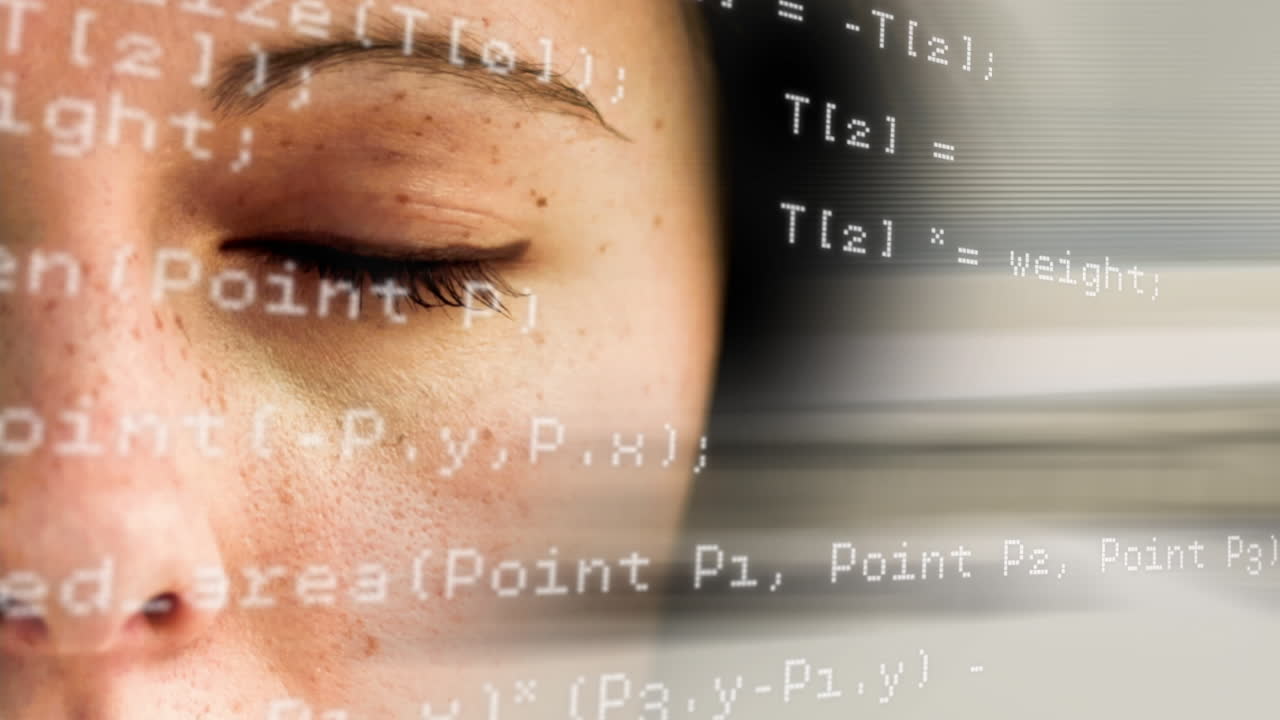 Animation of data processing over eye of caucasian woman