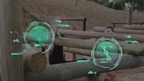 animación del procesamiento de datos científicos sobre mujeres diversas en la carrera de obstáculos.