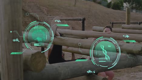 animation of science data processing over diverse women at obstacle course running