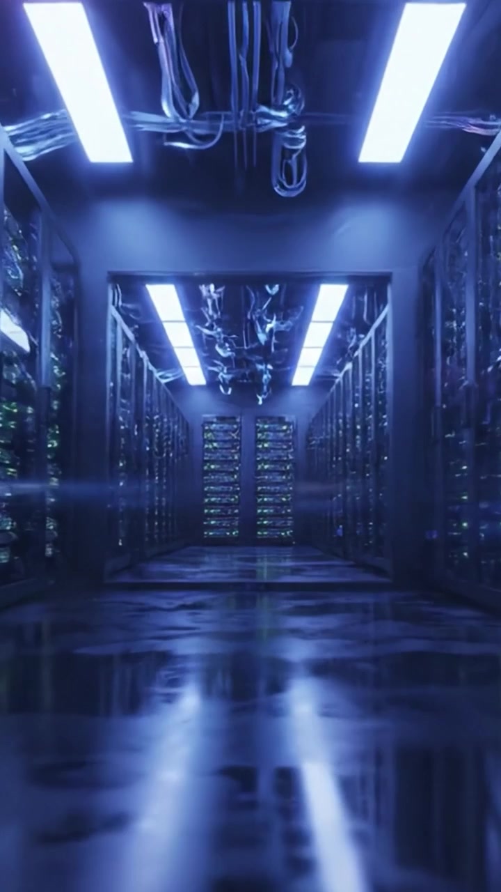 A High-Tech Data Center Corridor Illuminated with Neon Lights Showcasing Rows of Servers and Complex Cabling, Creating a Futuristic Computing Environment