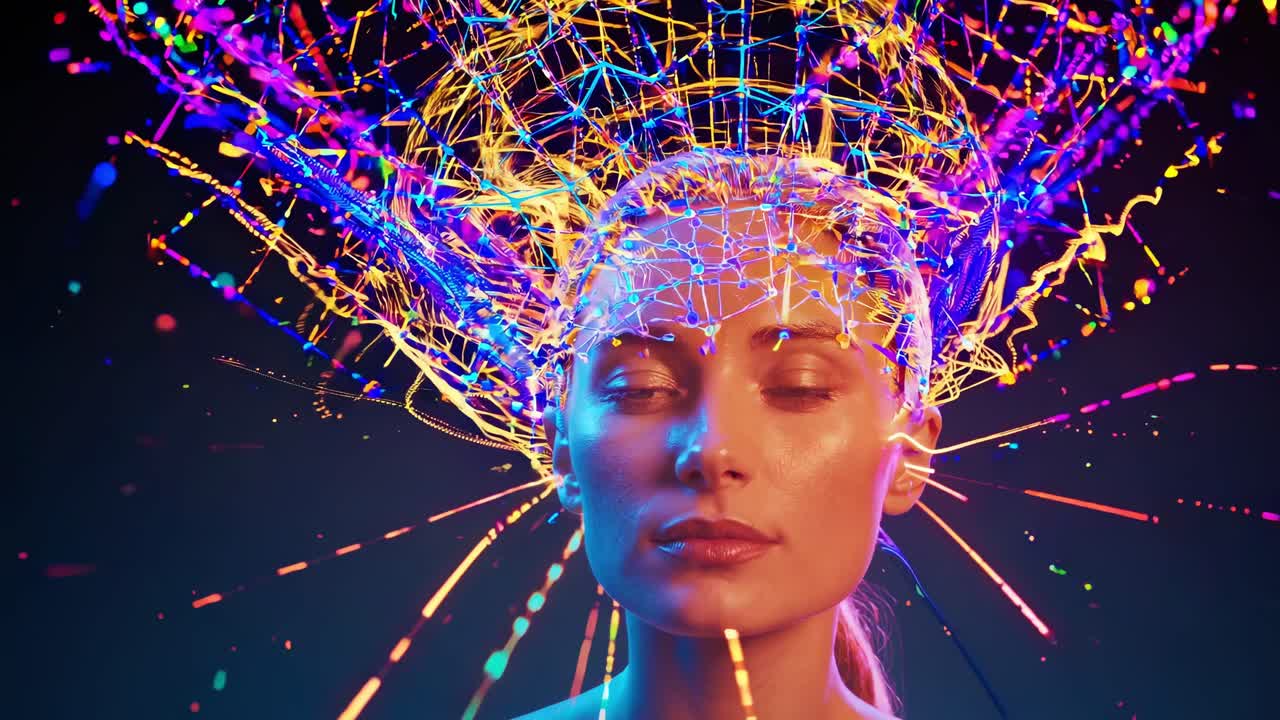 Colorful particles bursting from woman's head, symbolizing digital transcendence and mind expanding experience through vibrant, dynamic neural network visualization