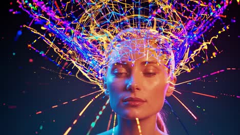 colorful particles bursting from woman's head, symbolizing digital transcendence and mind expanding experience through vibrant, dynamic neural network visualization