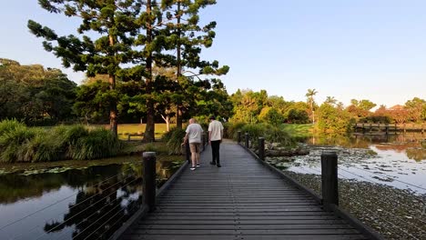 pareja caminando por un puente sobre el agua