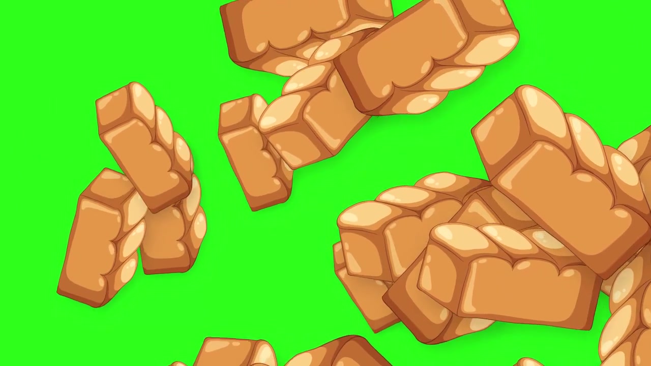 Cartoon bread loaves and braided pastries falling and bouncing against a green screen background.