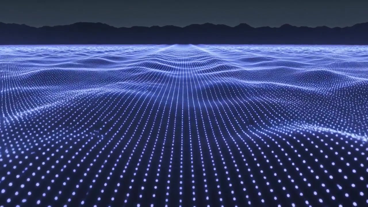 System starting luminous dot grid undulating rippling to horizon in digital plane showing waves