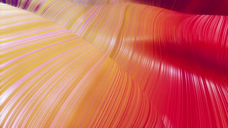 beautiful abstract background of waves on surface, red yellow color gradients, extruded lines as striped fabric surface with folds or waves on liquid. 4k loop. 24