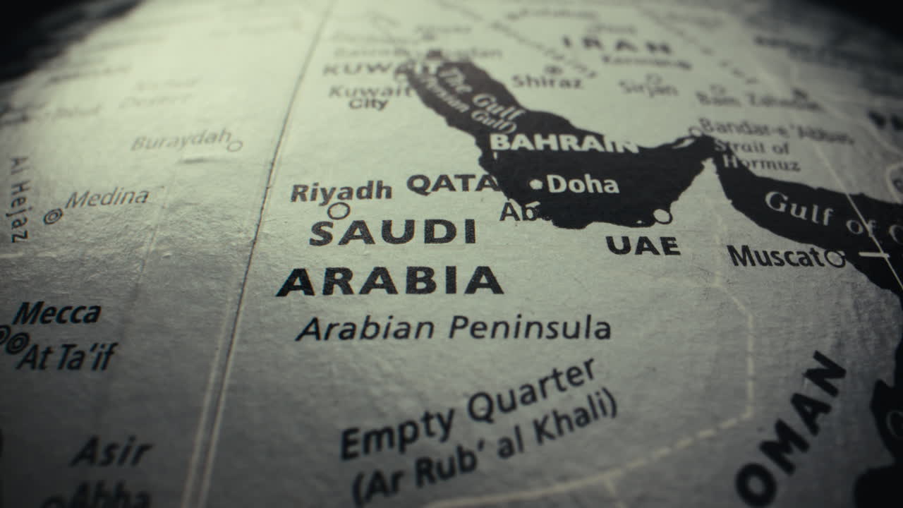 Close-up of a World Map Focusing on the Arabian Peninsula