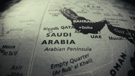 close-up of a world map focusing on the arabian peninsula