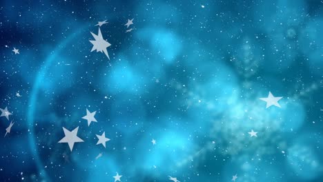 animation of christmas stars and snow falling over blue background