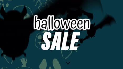 Animation-of-halloween-sale-and-skulls-and-bats-on-dark-blue-background