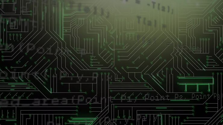 Digital animation of data processing against microprocessor connections on black background