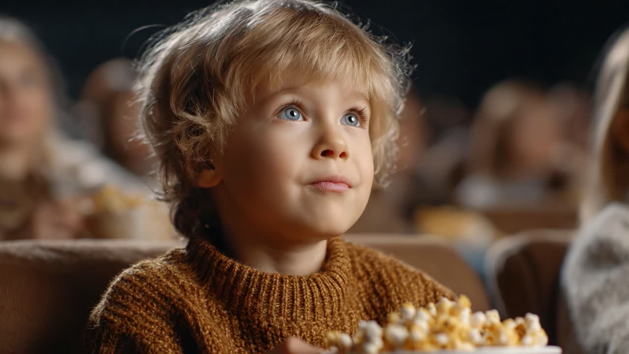 Captivated Young Boy Enjoys Movie Experience with Popcorn in a Cinematic Setting, Enthralled by the Screen and Surrounded by Fellow Moviegoers