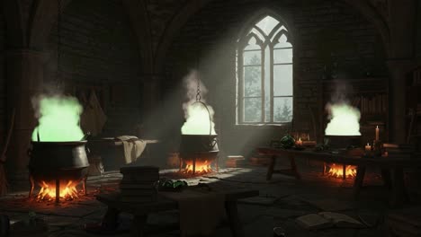 a mysterious alchemist's laboratory with bubbling cauldrons and enigmatic vapors revealing secrets of potion crafting in an atmospheric stone environment