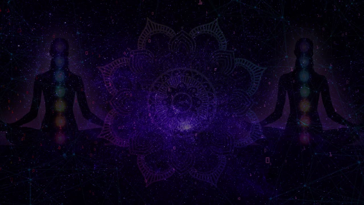 Sagome che meditano con i Chakra in uno spazio digitale cosmico.