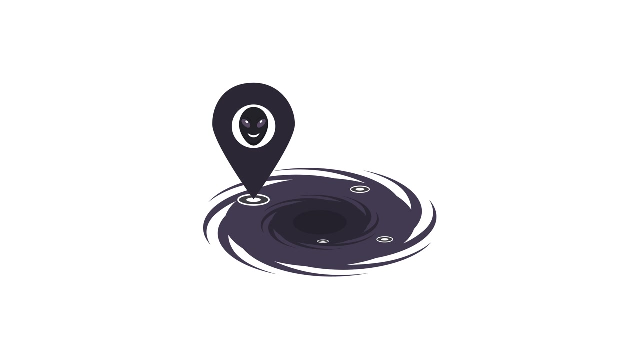 Animated Location Pin with Alien Face Disappearing into a Vortex