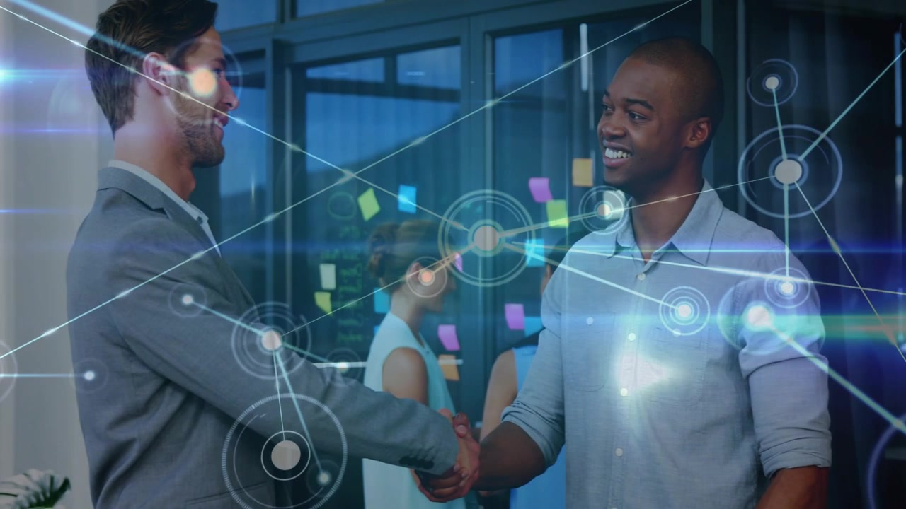 Business team sealing deal via handshake, animated network growing over handshake and sticky notes