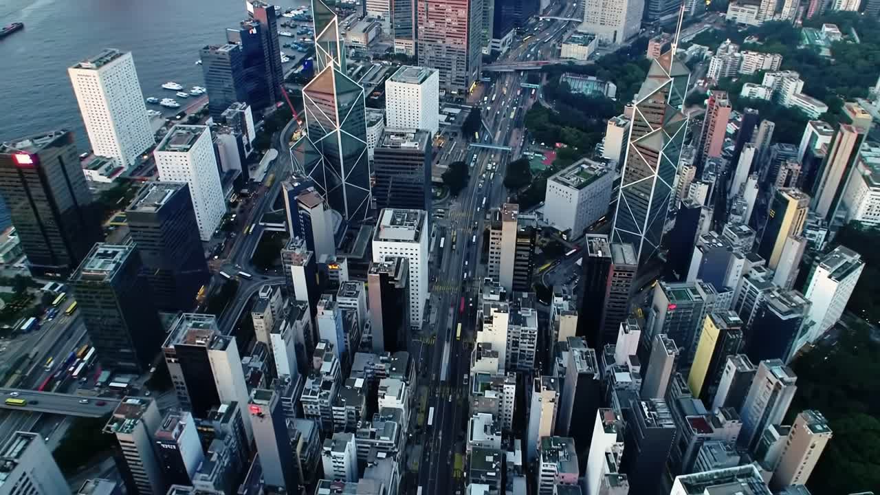 Early morning in Hong Kong reveals a bustling city filled with high-rise buildings and busy streets. Traffic flows as people begin their daily routines against a stunning skyline backdrop.