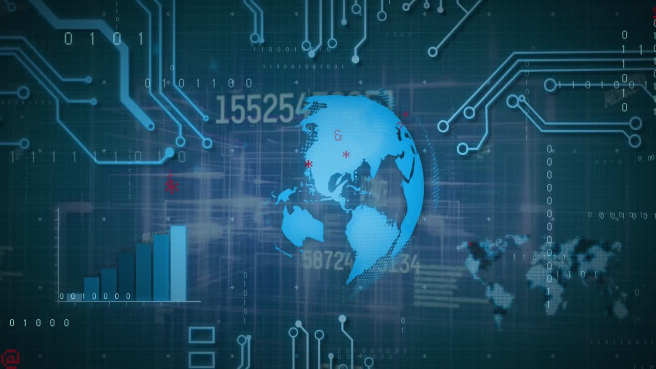 Animation of graph, map, changing numbers, map, circuit board pattern over globe on blue background